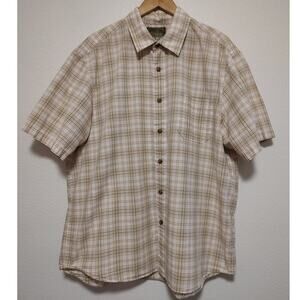 Eddie Bauer Sport Shop Men's XL White Yellow Green Plaid Short Sleeve Camp Shirt